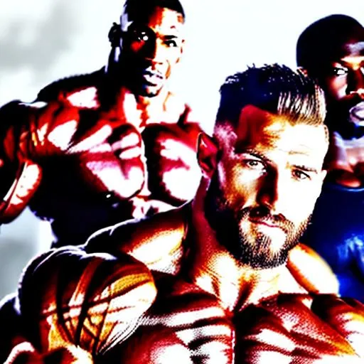 Prompt: Muscular hunks bodybuilder five people varied sizes tall handsome crowd