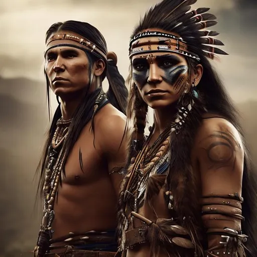 Prompt: A female native american character, beside a Male native american warrior with feathers in long black hair and black war paint on face light leather on upper body, laced bodes, brown hair, highly detailed art, rogue, beautiful,
