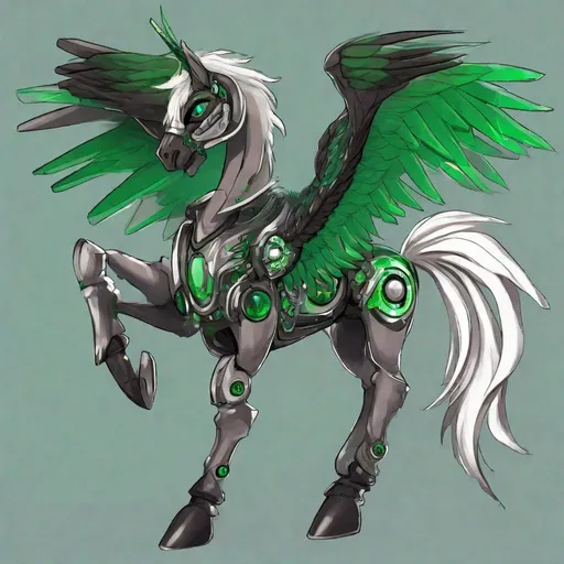 Prompt: Your OC is a small twisted pegasus humanoid animatronic, with focused emerald eyes. They identify as male, and have a high-pitched voice. As an accessory, they have nothing, and they can be seen holding a weapon for safety.
