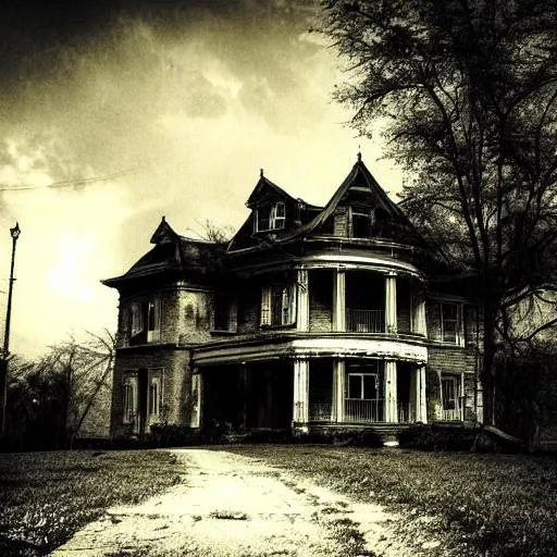 Prompt: haunted house, scary, night, black, dark, fog