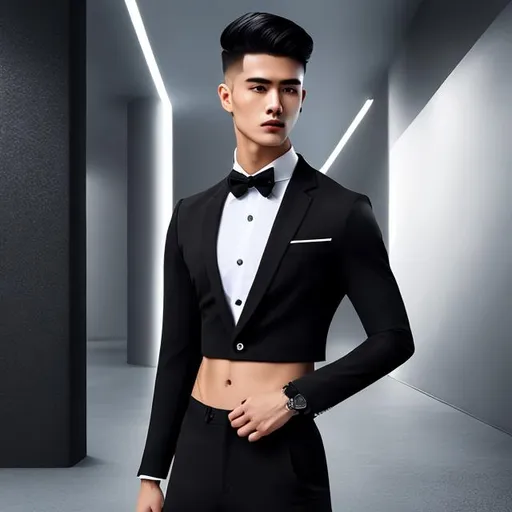 Prompt: crop top black long sleeve business suit with a black necktie, bare midriff, bare navel,  black business suit pants, 20-years old, male, man, confident, long wavy hair, six pack abs, standing, arms akimbo, showcasing abs, sideview, outside, shining light, photo, 4k, hdr, vibrant, studio camera, ((high quality))