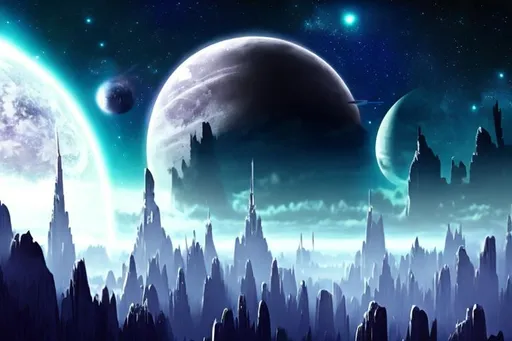 Prompt: Futuristic Tall black towers on deep dark ocean dark sky spaceships night lights hover ships dark tall city lots and lots of small floating ships hovering above clouds big planet with rings closeby spaceships hovering