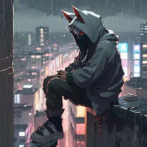 Prompt: Anime man with a Kitsune mask and hoodie, sitting on a ledge, in the rain on the top of a building
