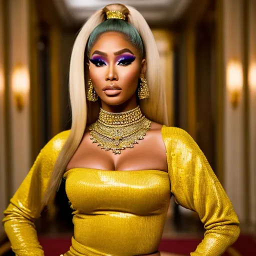 Prompt: High quality picture and very detailed Nicki Minaj wearing Versace in a shooting  by Wes Anderson