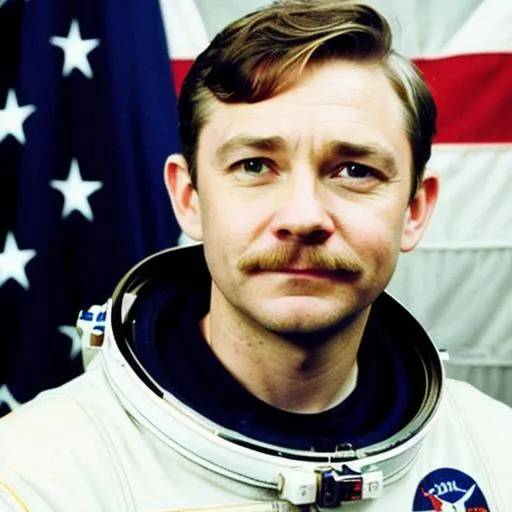 Prompt: Martin Freeman as an astronaut, has a vintage moustache, holding the UK flag, space background