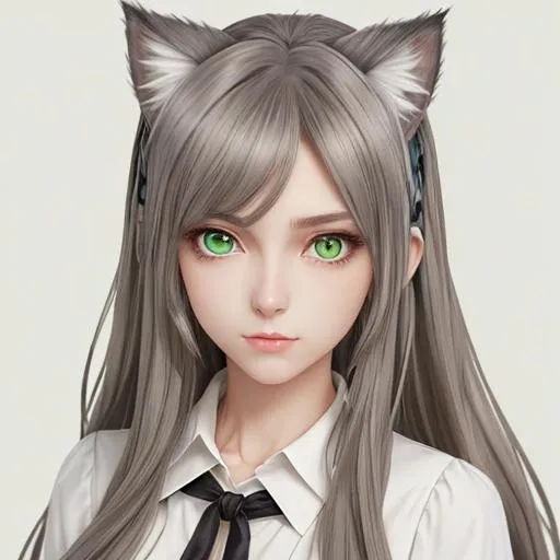 Prompt: half-body potrait semi realism anime long brown-grey hair pretty girl, dark green eyes, with cat ear, wearing white cream blouse