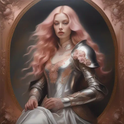 Prompt: Third-person, full body of character in view, Baroque oil on canvas painting of an ethereal, unnaturally pale-skinned Fantasy Supermodel with rose gold pinkish hair, long wavy hair, evil, silver armor, 