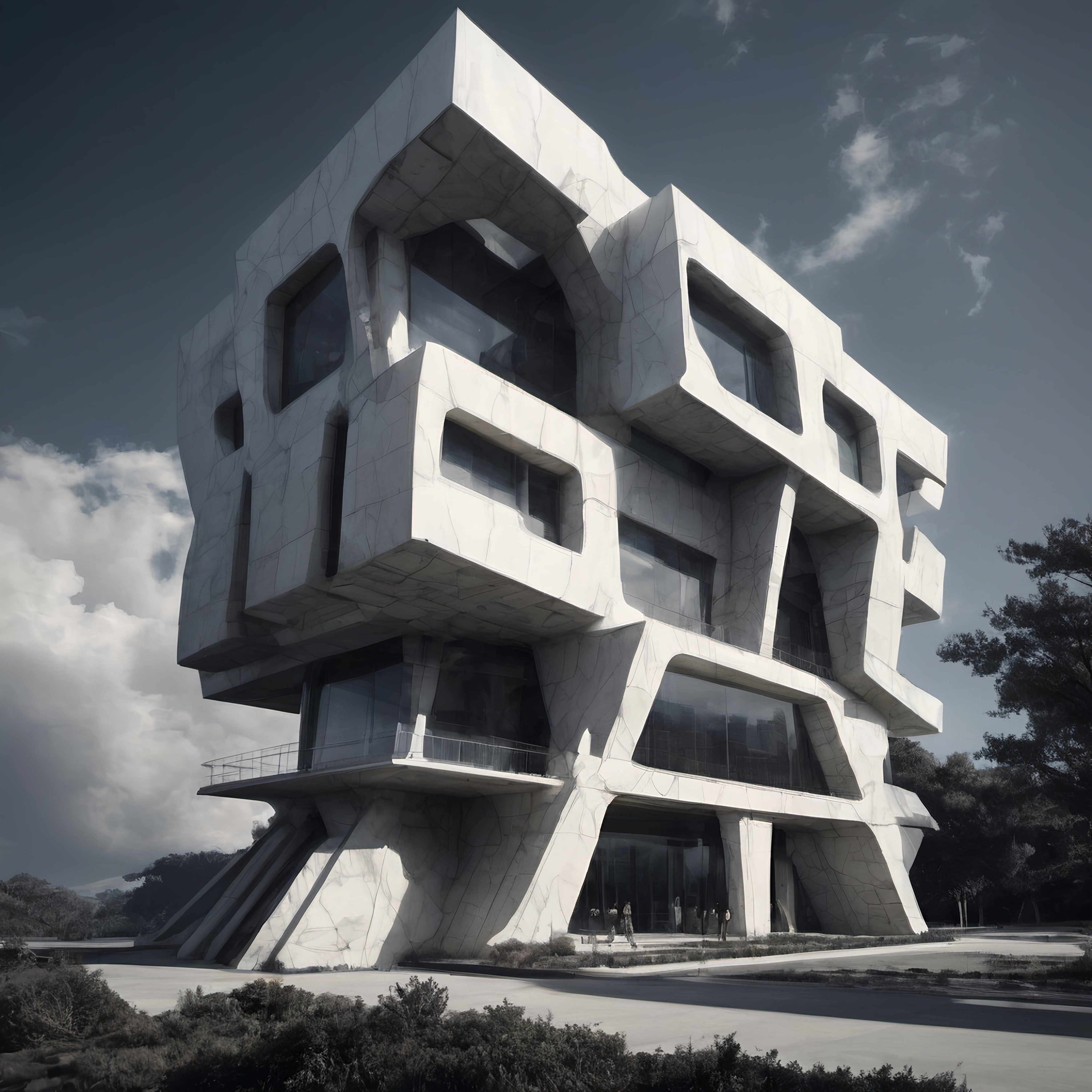 Prompt: a building with a lot of windows and a staircase leading up to it's top floor and a ramp leading up to the second floor, an abstract sculpture