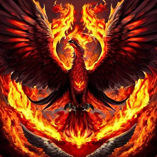 Prompt: Phoenix, giant bird, Angelic force, flames, magma, volcano, bleeding, blood, animalistic, demonic, draconic, ash