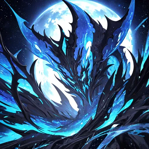 Prompt: monster of the void, black and blue colors, close up, highly detailed, galaxy background, aggressive
