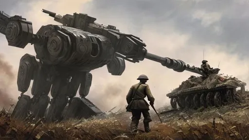 Prompt: landscape view of many World War 1 Soldier Battle With one Giant Mech Robot 