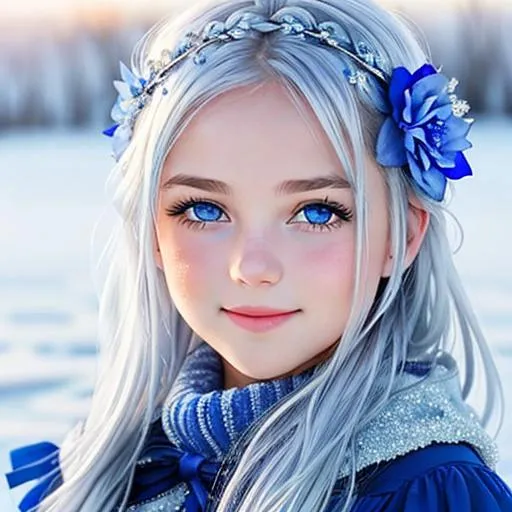 Prompt: young girl, covered in frost, bashful hypnotic sapphire blue eyes, calm bashful smile, gorgeous silver hair, blue flower in her hair