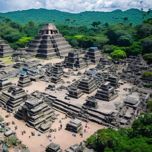 Prompt: Ancient city made of dark stone and blue crystals still populated though heavily damaged and weathered. Has a bustiling market plaza in front of an ancient pyramid in ruins. In the middle of the jungle. 
