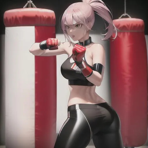 Prompt: punching bag punching, high quality, bloody, punching bag,Best quality, tall girl, (punching bag:1.2), master piece, leggings , muscle, bloody punching bag, latex ,ultra detailed, realistic, 4k, fight punching, open finger gloves ,anime style,punching fighting, beauty girl, pretty ,detailed face, broken punching bag, punching bag pierce