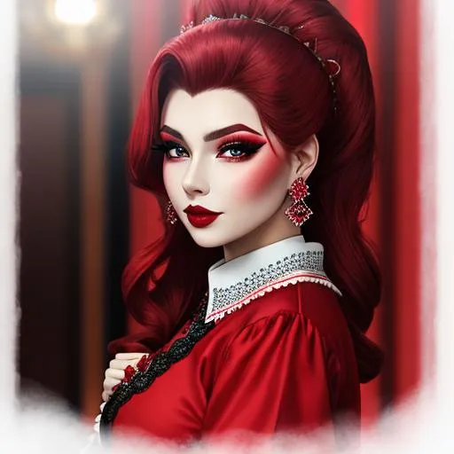 Prompt: Ruby ladylady, all in red, pretty makeup, elegant, nice clothes, facial closeup