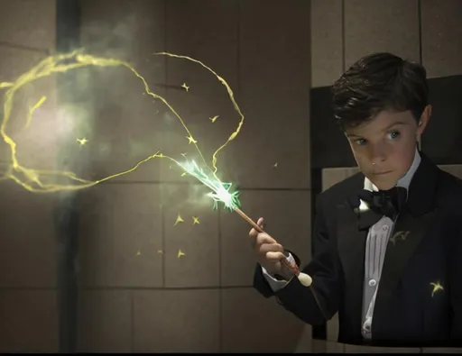 Prompt: 13 year old boy in a tuxedo casting a magic spell on someone inside a bathroom stall from the outside of the stall with a magic wand. Don’t show the person inside the stall. Only show the boy in his tuxedo casting the magic spell with his wand, and the bathroom stall with magic from the spell spewing everywhere out of the top