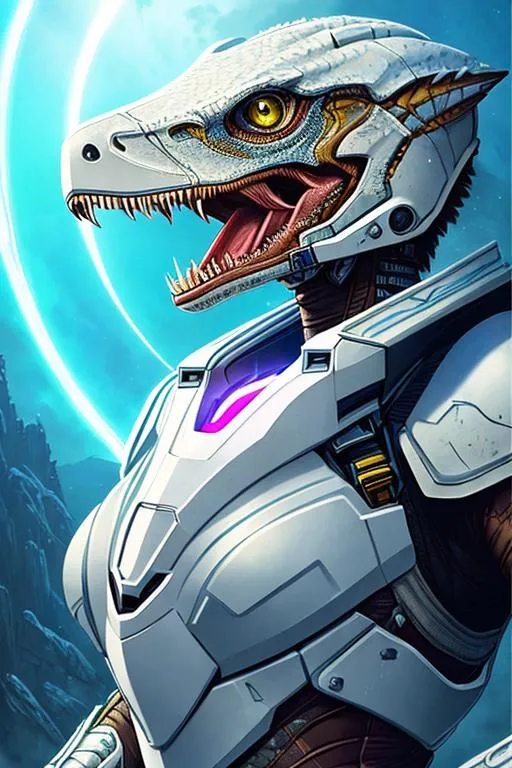 Prompt: Poster art, high-quality high-detail highly-detailed breathtaking hero ((by Aleksi Briclot and Stanley Artgerm Lau)) - ((a velociraptor raptor)), female,  full form detailed raptor mech suit, 8k ivory and baby blue helmet, highly detailed raptor head helmet, add some magenta, glowing chest emblem ,carbon fibre helmet, raptor mech armor, raptor dinosaur, detailed scales, detailed ivory mech suit, full body, black futuristic mech armor, wearing mech armour suit, 8k,  full form, detailed forest wilderness setting, full form, epic, 8k HD, ice, sharp focus, ultra realistic clarity. Hyper realistic, Detailed face, portrait, realistic, close to perfection, more black in the armour, 
wearing blue and black cape, wearing carbon black cloak with yellow, full body, high quality cell shaded illustration, ((full body)), dynamic pose, perfect anatomy, centered, freedom, soul, Black short hair, approach to perfection, cell shading, 8k , cinematic dramatic atmosphere, watercolor painting, global illumination, detailed and intricate environment, artstation, concept art, fluid and sharp focus, volumetric lighting, cinematic lighting, 
