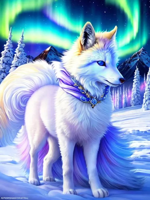 Prompt: 8k, UHD, best quality, artstation, perfect composition, Renaissance oil masterpiece, hyperrealistic, portrait of a {beautiful Vulpix}, {canine quadruped}, dreamy innocent blue eyes, intricately detailed {snow white fur}, wearing a lavish {silky silver scarf}, (enchanted purple mountain peak), winter wonderland, (brilliant auroras:2), dim soft light, vivid colors, fluffy white mane, frosted fur, ice drops on fur, studio lighting, sharp focus, intricately detailed fur, brilliant detailed eyes, highly detailed face, centered face, highly detailed sky, vibrant, symmetric, professional, detailed brush strokes, detailed digital brush strokes, unreal engine, intricately detailed mouth and teeth, by Yuino Chiri