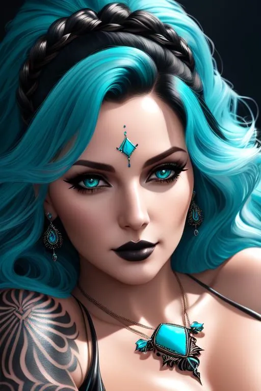 Prompt: A hyper realistic detailed full tatoo 
body image of a lying down feminine ((sexy woman)) who has ((bourbon in eyes)), ((turquoise in hair)) with ((sexy goth outfit)) with a plunging neckline, dark jewelry set, balayage wild hair, highly detailed, digital painting, Trending on artstation, HD quality, ((Yennefer)), ((by Prywinko)), ((huge breast)), ((sexy)), high heels