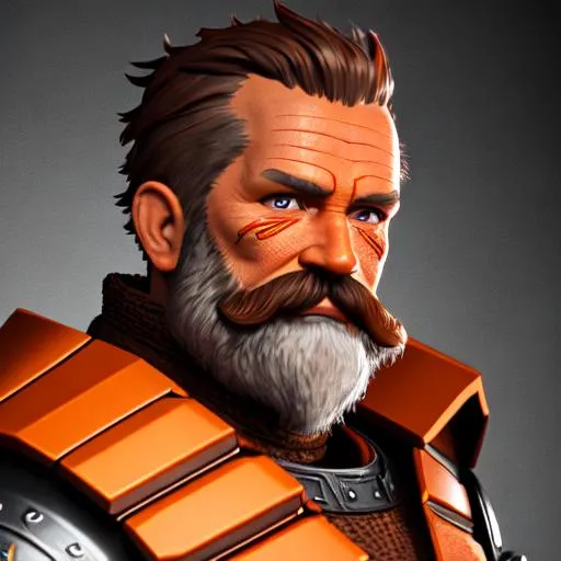 Prompt: Digital Art, 48-year-old viking man, brown hair, short hair, beard, mustache, brown eyes, burnt orange gear, bright orange armor, unreal engine 8k octane, 3d lighting, full body, full armor