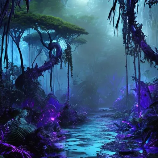 Prompt: a blue and purple alien rain forest dense close
