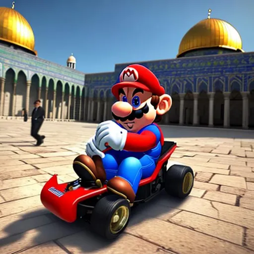 Prompt: Mario kart and bibi Netanyahu in al aqsa mosque
