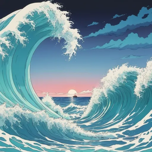 Prompt: 90's anime, ocean waves, hand-drawn