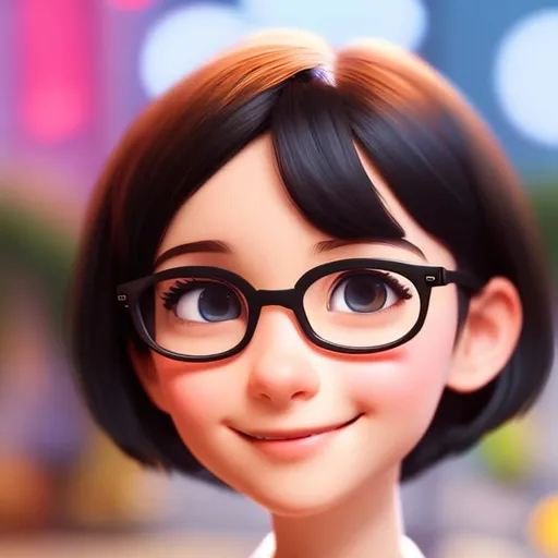 Prompt: Disney, Pixar art style, CGI, thin pale girl, with bangs and short black hair, dark thin eyes, big round glasses, young cartoon, tween