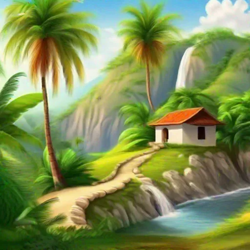 Prompt: serene, foot path, little house under the palm tree on the small hill, on distance look waterfall, beautiful day