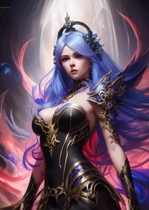 Prompt: Fantastical, oil painting style portrait of aion asmodean,  by Bayard Wu, wearing Beritra amor ,  beautiful body, extremely detailed, dramatic lighting, colorful, 4k, fantasy genre, sharp focus, galatic space , 