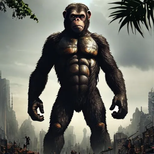 Prompt: a single armored small ape from the planet of the apes, standing in the middle of a bustling jungle city apocalypt, surrounded by towering, close up photograph