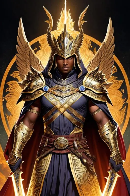 Prompt: Poster art, high-quality high-detail highly-detailed breathtaking hero ((by Aleksi Briclot and Stanley Artgerm Lau)) - ((The Philosopher  King ))dark skin, helmet of knowledge, The Philosopher King carried the staff of wisdom, all knowing, wearing carbon black and gold robe, highly detailed robe, full form, epic, 8k HD, fire and ice, sharp focus, ultra realistic clarity. Hyper realistic, Detailed face, portrait, realistic, close to perfection,
wearing Athena Clothe Armour , wearing carbon fibre Armour, full body, high quality cell shaded illustration, ((full body)), dynamic pose, perfect anatomy, centered, freedom, soul, Black short hair, approach to perfection, cell shading, 8k , cinematic dramatic atmosphere, watercolor painting, global illumination, detailed and intricate environment, artstation, concept art, fluid and sharp focus, volumetric lighting, cinematic lighting, 
