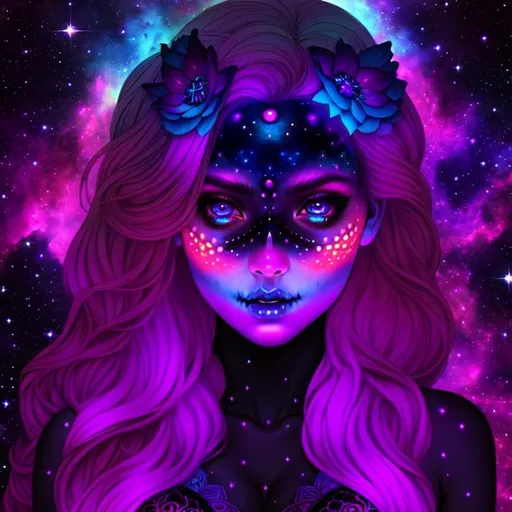 Prompt: dark, Cosmic Epic Beautiful Nebula {Sugarskull}goddess, big dreamy eyes, beautiful intricately-colored scales, symmetrical, Beautiful and Gorgeous, hyper realistic, expansive psychedelic background, hyper realistic, 64K --s99500