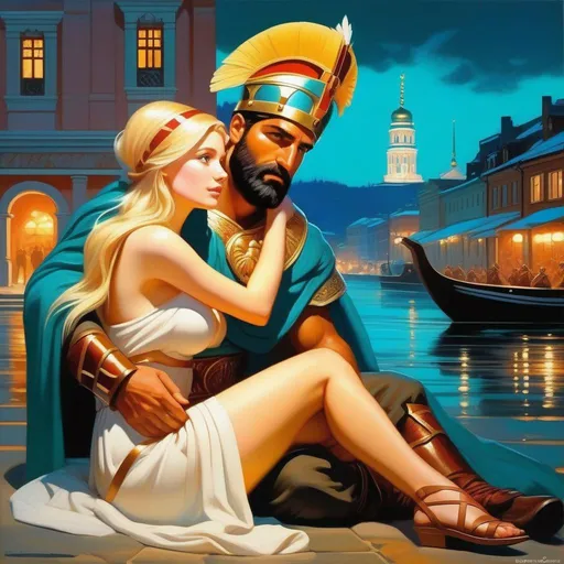 Prompt: King Leonidas impregnating Finnish girl, pale skin, blonde hair, teal eyes, Helsinki at night, cold atmosphere, cartoony style, extremely detailed painting by Greg Rutkowski and by Henry Justice Ford and by Steve Henderson 

