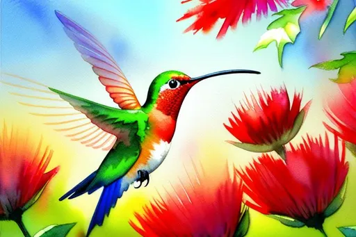 Prompt: bird, art, hyper realistic watercolor masterpiece,

bright red humming bird

outside, afternoon, hopeful light, joyful light, fields, clearing, flowers, close to trees,

hyper realistic masterpiece, highly contrast water color pastel mix, sharp focus, digital painting, pastel mix art, digital art, clean art, professional, contrast color, contrast, colorful, rich deep color, studio lighting, dynamic light, deliberate, concept art, highly contrast light, strong back light, hyper detailed, super detailed, render, CGI winning award, hyper realistic, ultra realistic, UHD, HDR, 64K, RPG, inspired by wlop, UHD render, HDR render
