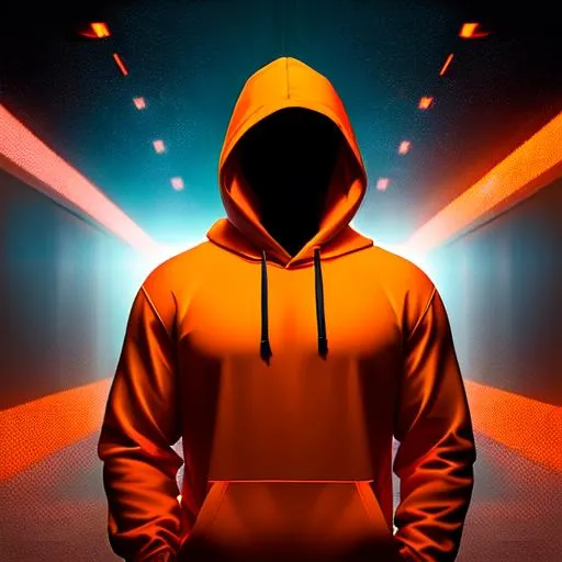 Prompt: absolute digital painting comical highly detail masterpiece render ultra high definition broad Medium shot color splash professional photo, splash art, of Symmetrical realistic silhouette of a well-built man wearing a cotton bright orange hoodie with the hood up with a shadowy face and exposing only half of the body chest up, cinematic lighting and downlighting, indoor, vibrant colors, front movie poster style, solid plain black background, realism art style, macro, 24mm Nikon Z FX, photo by Ray Earnes & Alejandro Bursido, HDR, UHD, 64K, highly detailed, concept, trending on the internet