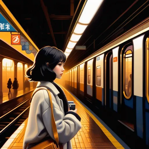 Prompt: Third person, gameplay, Japanese girl, pale skin, black hair, brown eyes, 2020s, smartphone, NYC subway station, foggy, golden atmosphere, cartoony style, extremely detailed painting by Greg Rutkowski and by Henry Justice Ford and by Steve Henderson 