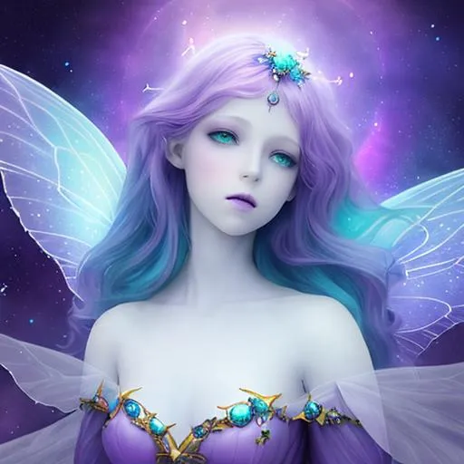 Prompt: an ethereal fairy goddess of the cosmos ,pale skin, purple/aqua, dreamscape, background, closeup