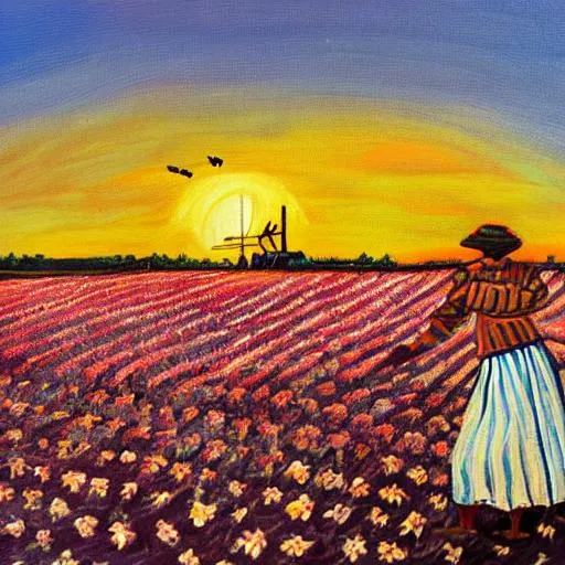 Prompt: painting of woman farming in field of cotton during sunset