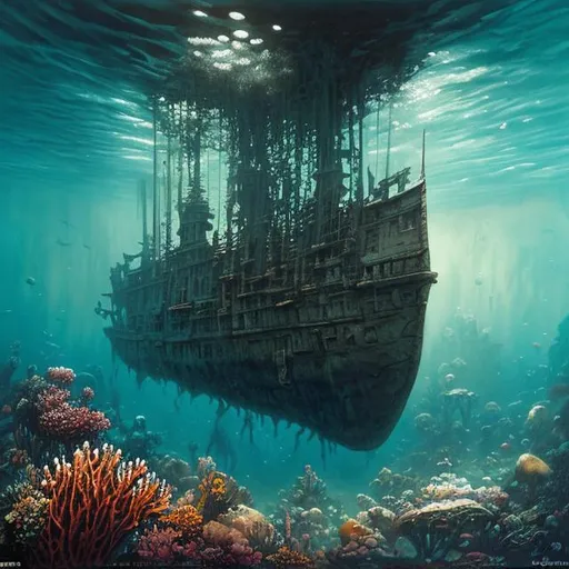 Prompt: Underwater landscape painting, long-sunken caravel lie on its side in a sea ditch, dull colors, danger, fantasy art, by Hiro Isono, by Luigi Spano, by John Stephens