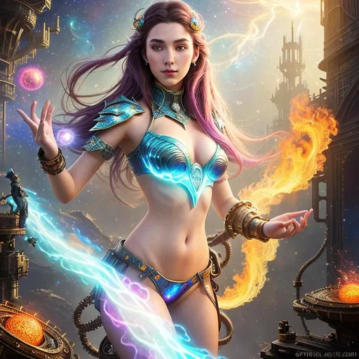 Prompt: splash art, hyper detailed, hyper realistic, highly detailed, dark, surreal heavy mist, floating at the edge of the Universe, in an alien observatory, with stars in the background,

create a holographic image of a beautiful, young adult Steampunk Ultra Fantasy Sorceress, casting exquisitely detailed magic fire balls, 

Gorgeous detailed facial features, long legs, vibrant sumptuous, perfect body, ultra pale, visible midriff, perfect curly red hair, magic armor, heavy iron collar, 

Perfect studio lighting, perfect shading. HDR, UHD, high res, 64k, cinematic lighting, special effects, hd octane render, professional photograph, trending on artstation, .