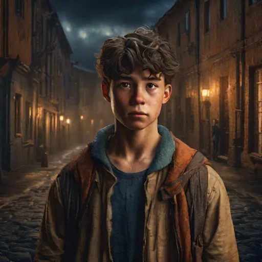 Prompt: Young protagonist in the center of the image, portrait, close-up photograph, behind him there is a shadow, background with dark sky, with quiet and mysterious town. hyper realistic, cinematic, 8k, intricate details, 2:3.