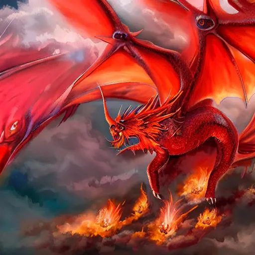 A fiery red dragon with large wings and breathing fi...