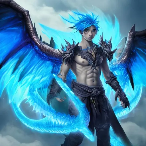 Prompt: Man with bright blue hair and dragon wings