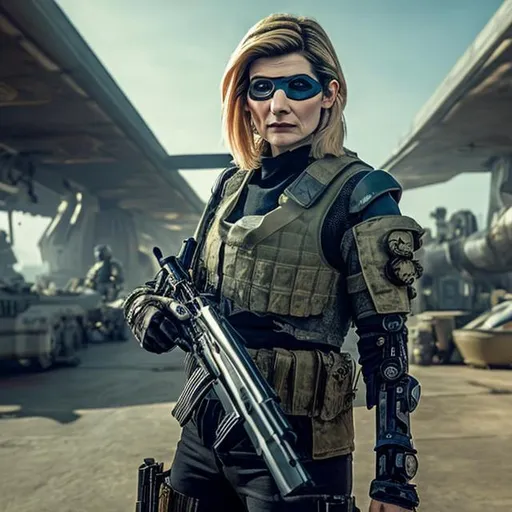 Prompt: Jodie Whittaker with an eye patch shouting angrily wearing an armored futuristic scifi military uniform and holding an advanced exotic shotgun in full color