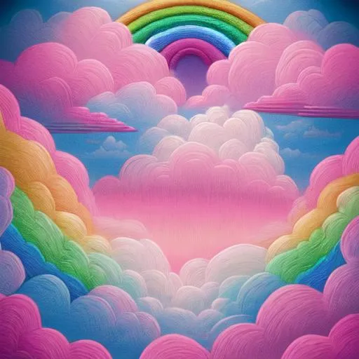 Prompt: A pastel pink colored wallpaper with small pictures of unicorns, rainbows, and clouds embroidered everywhere, 4K resolution