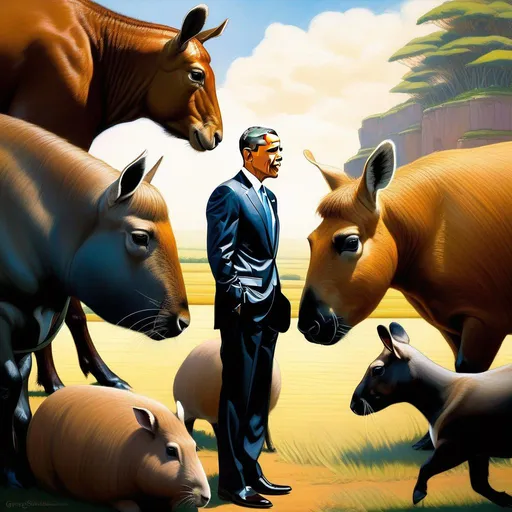 Prompt: Barack Obama meets capybaras, anime style, extremely detailed painting by Greg Rutkowski and by Henry Justice Ford and by Steve Henderson 