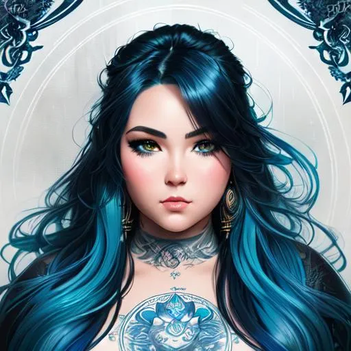 Prompt: a painting of a heavyweight woman with neon blue long wavy hair,  round face, chubby face, by Luis Royo, amy sol in the style of, cool color scheme art rendition, serious expression, tattoos, detailed facial structure, black and white artwork, idealised, pastel drawing, digital art of an elegant, artgram, female water elemental fighter, pinterest anime, charli bowater and artgerm