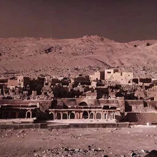 Prompt: ancient land Arabian city footage caught on vintage camera with blood red moon