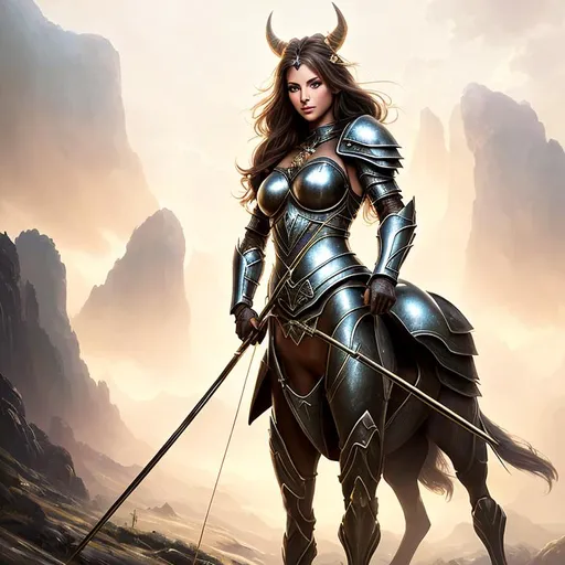 Prompt: award winning portrait painting of a female centaur  with horse legs and horse body, wearing metal fantasy armor and holding a bow. (backlighting:1.4), digital painting, concept art, smooth, sharp focus, rule of thirds, dark fantasy, intricate details, medium shot, (shallow depth of field:1.1),  jim burns
